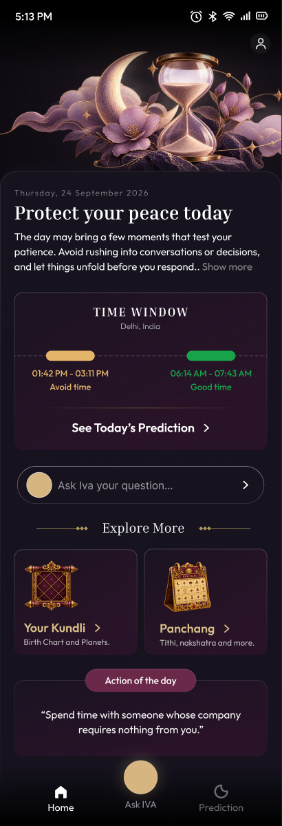 IVA app Home screen from Figma, showing the daily prediction, kundali and chat entry